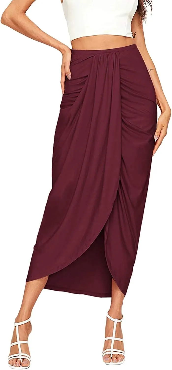 niuwa Women's Slit Wrap Skirt Summer High Waist Draped Skirts Solid Color Ruched Asymmetrical Hem Midi Skirt