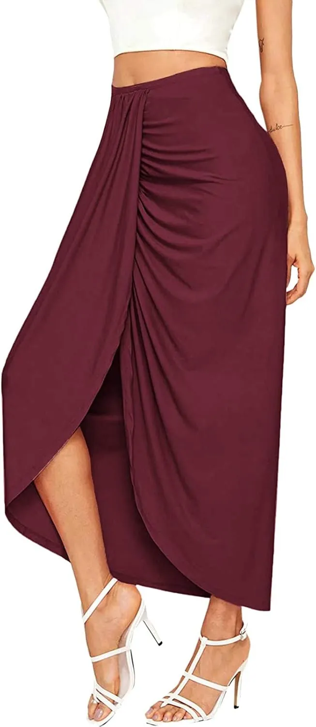 niuwa Women's Slit Wrap Skirt Summer High Waist Draped Skirts Solid Color Ruched Asymmetrical Hem Midi Skirt