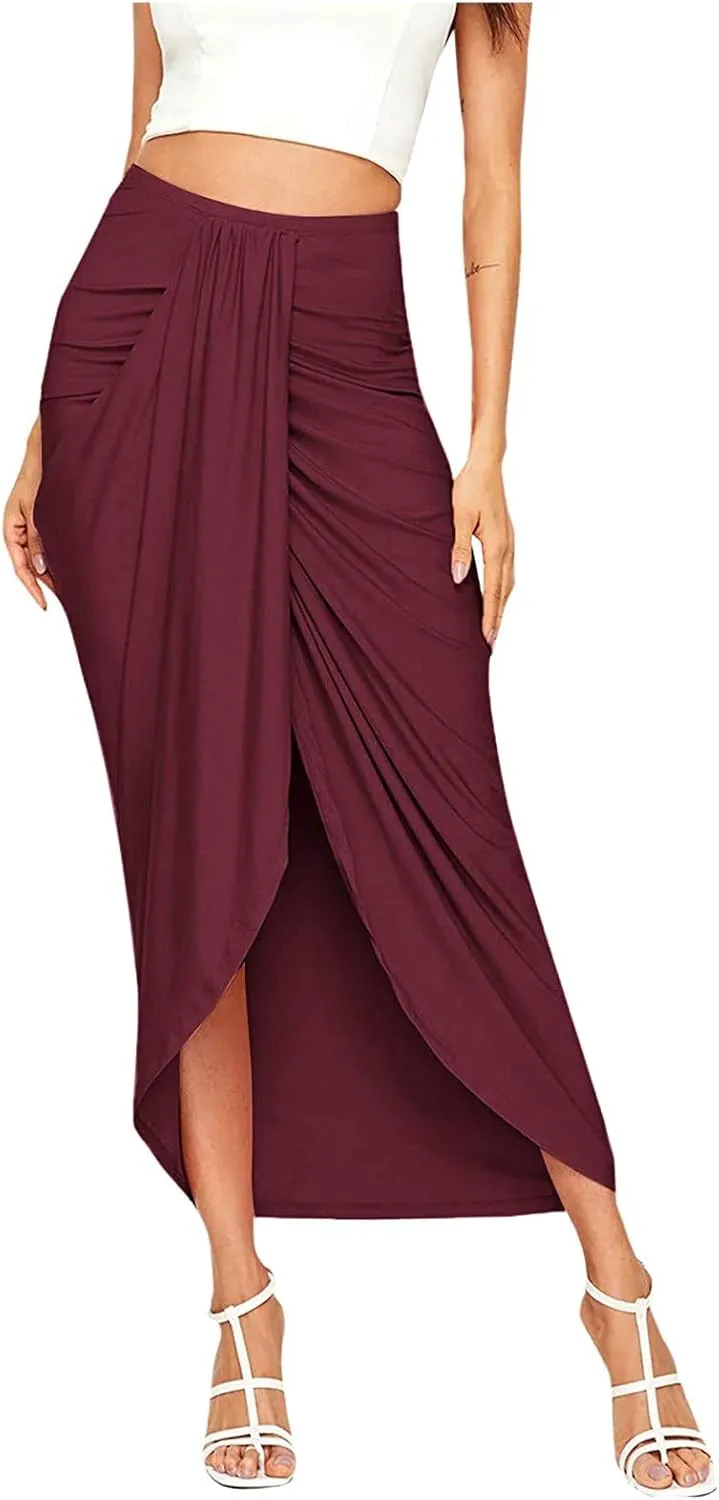niuwa Women's Slit Wrap Skirt Summer High Waist Draped Skirts Solid Color Ruched Asymmetrical Hem Midi Skirt