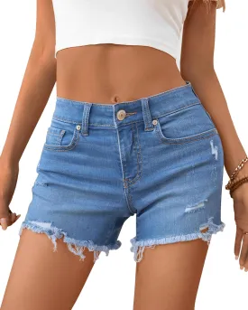 OFLUCK Jean Shorts for Womens Mid Rise Ripped Denim Summer Shorts