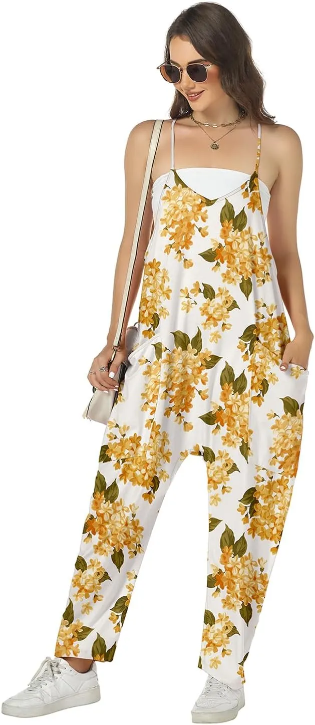 ROYLAMP Women's Summer Jumpsuits Loose Spaghetti Strap Baggy Rompers Casual Onesie Jumpers Overalls with Pockets