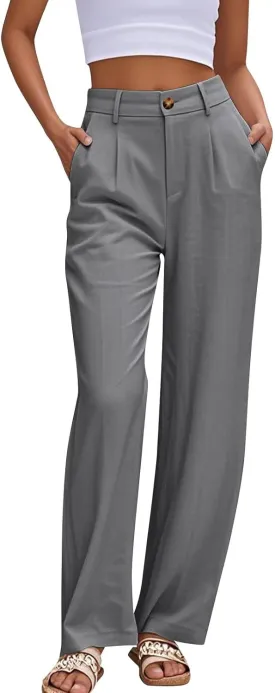 Straight Leg Pants for Women Lightweigjht Cotton Linen Pant Casual High Waisted Pants Business Office Work Trouses