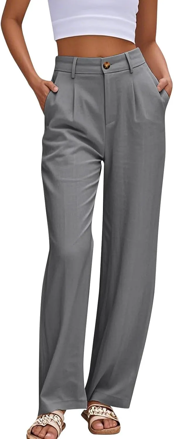Straight Leg Pants for Women Lightweigjht Cotton Linen Pant Casual High Waisted Pants Business Office Work Trouses