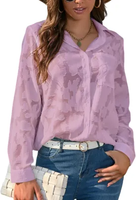 Sunshine swing Women's White Elegant Sexy See Through Blouse Shirt Long Sleeve Jacquard Turn-Down Button Down Shirt Top
