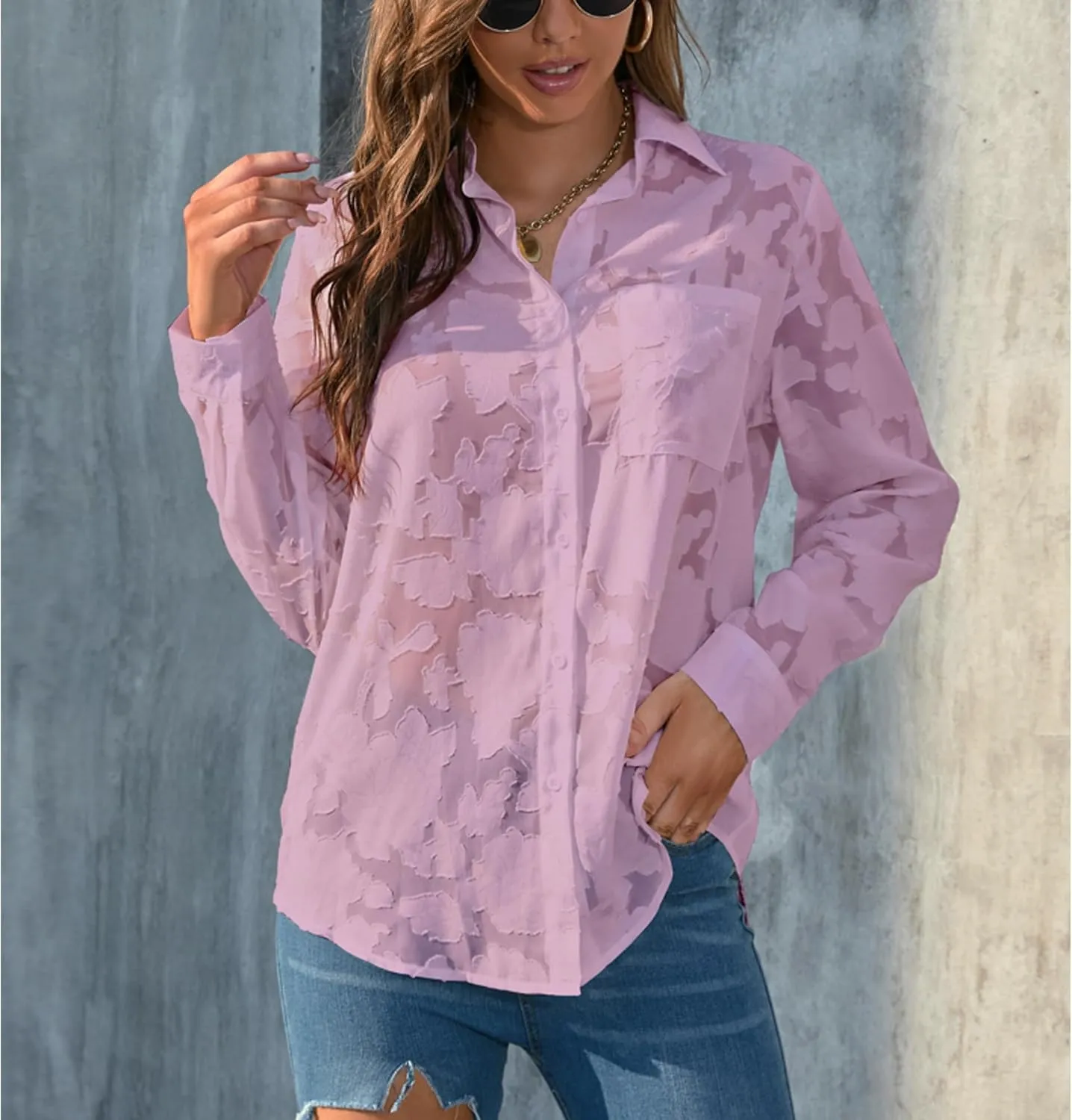 Sunshine swing Women's White Elegant Sexy See Through Blouse Shirt Long Sleeve Jacquard Turn-Down Button Down Shirt Top