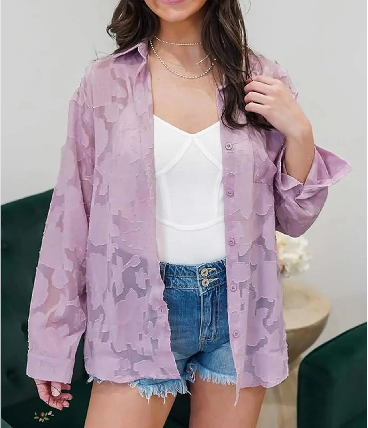 Sunshine swing Women's White Elegant Sexy See Through Blouse Shirt Long Sleeve Jacquard Turn-Down Button Down Shirt Top
