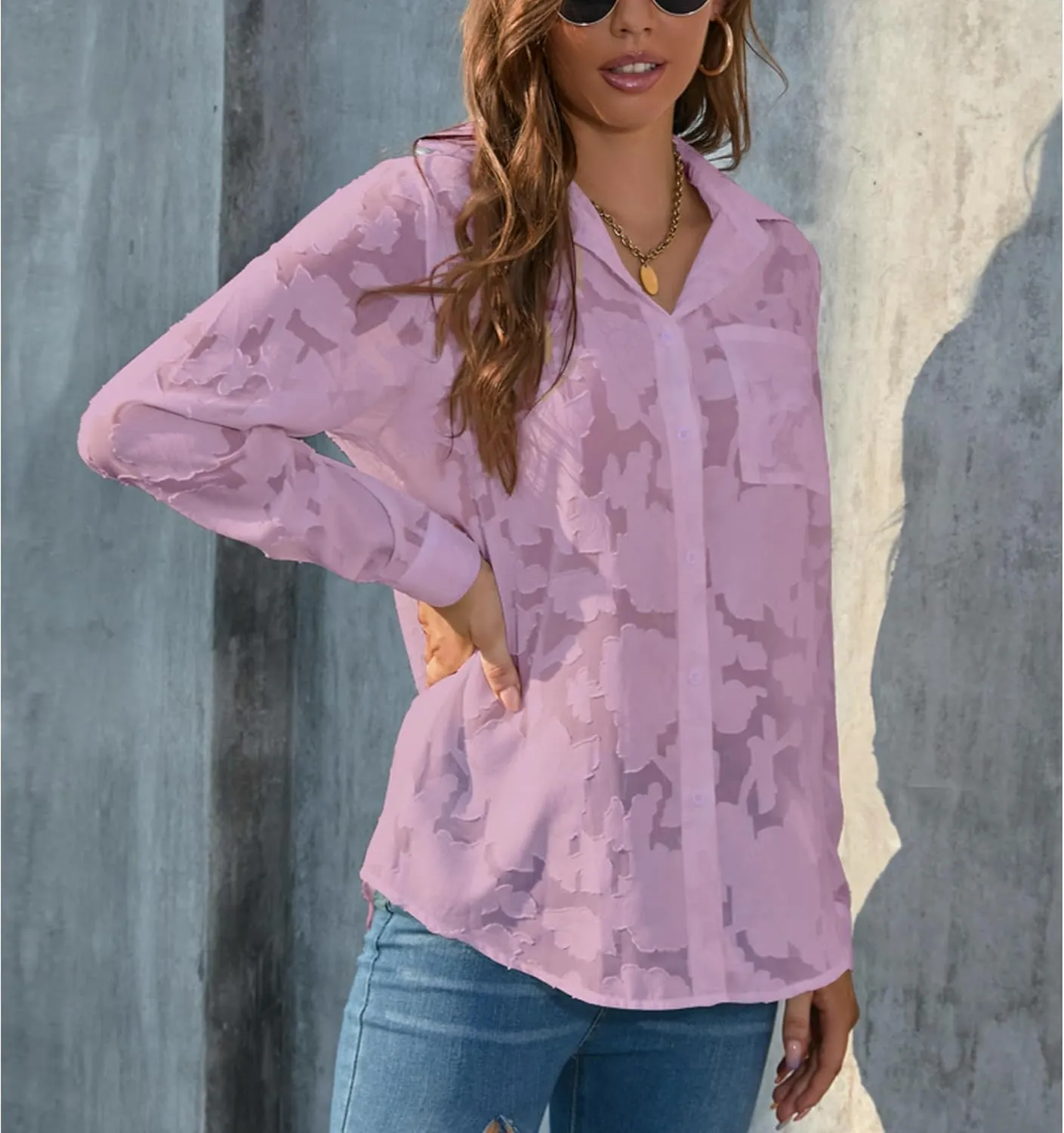 Sunshine swing Women's White Elegant Sexy See Through Blouse Shirt Long Sleeve Jacquard Turn-Down Button Down Shirt Top
