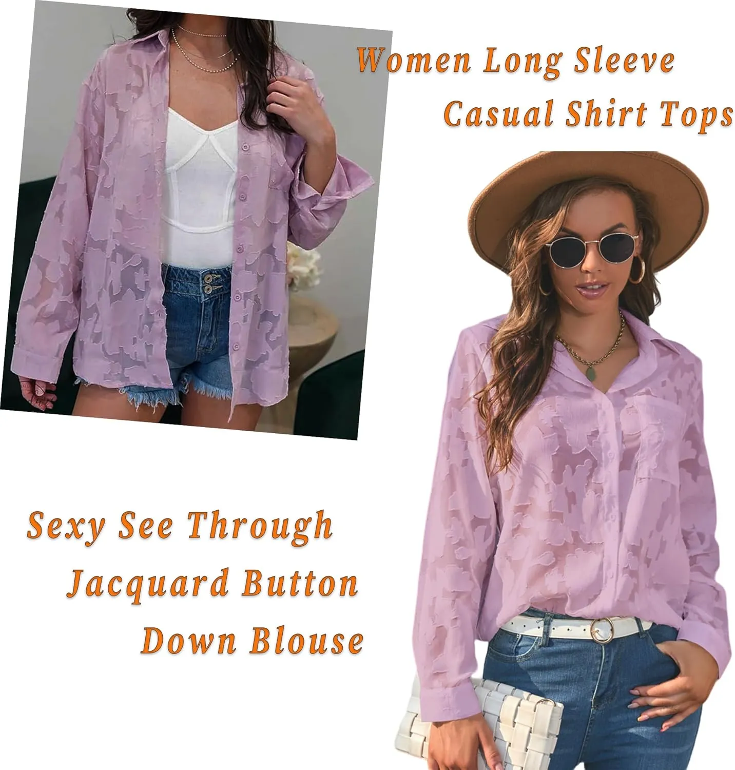 Sunshine swing Women's White Elegant Sexy See Through Blouse Shirt Long Sleeve Jacquard Turn-Down Button Down Shirt Top