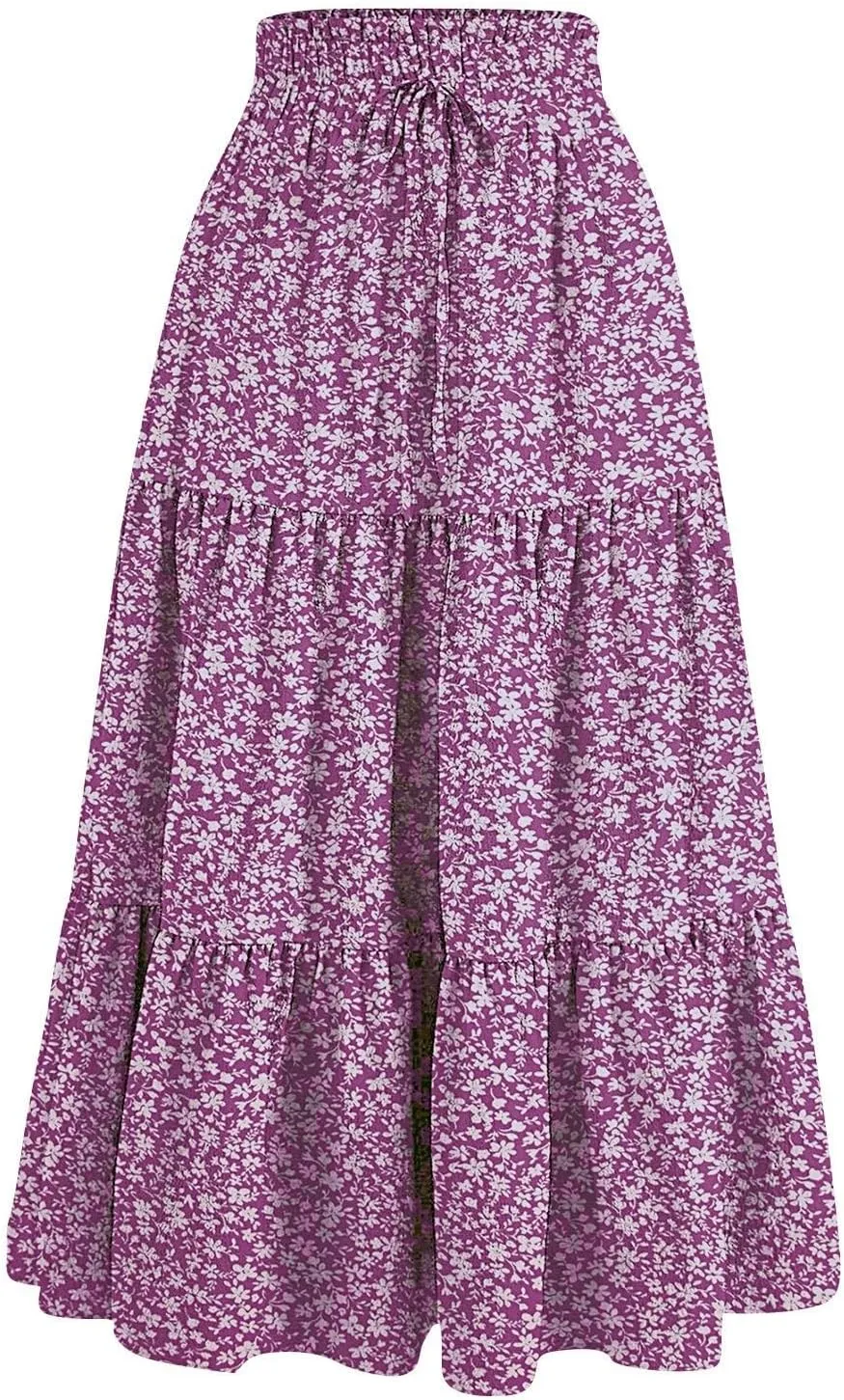 Tiered Floral Maxi Skirts for Women Trendy Elastic High Waisted Flowy Long Skirt Summer Boho Beach A Line Skirt