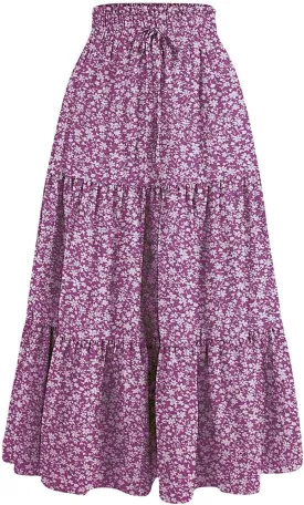 Tiered Floral Maxi Skirts for Women Trendy Elastic High Waisted Flowy Long Skirt Summer Boho Beach A Line Skirt