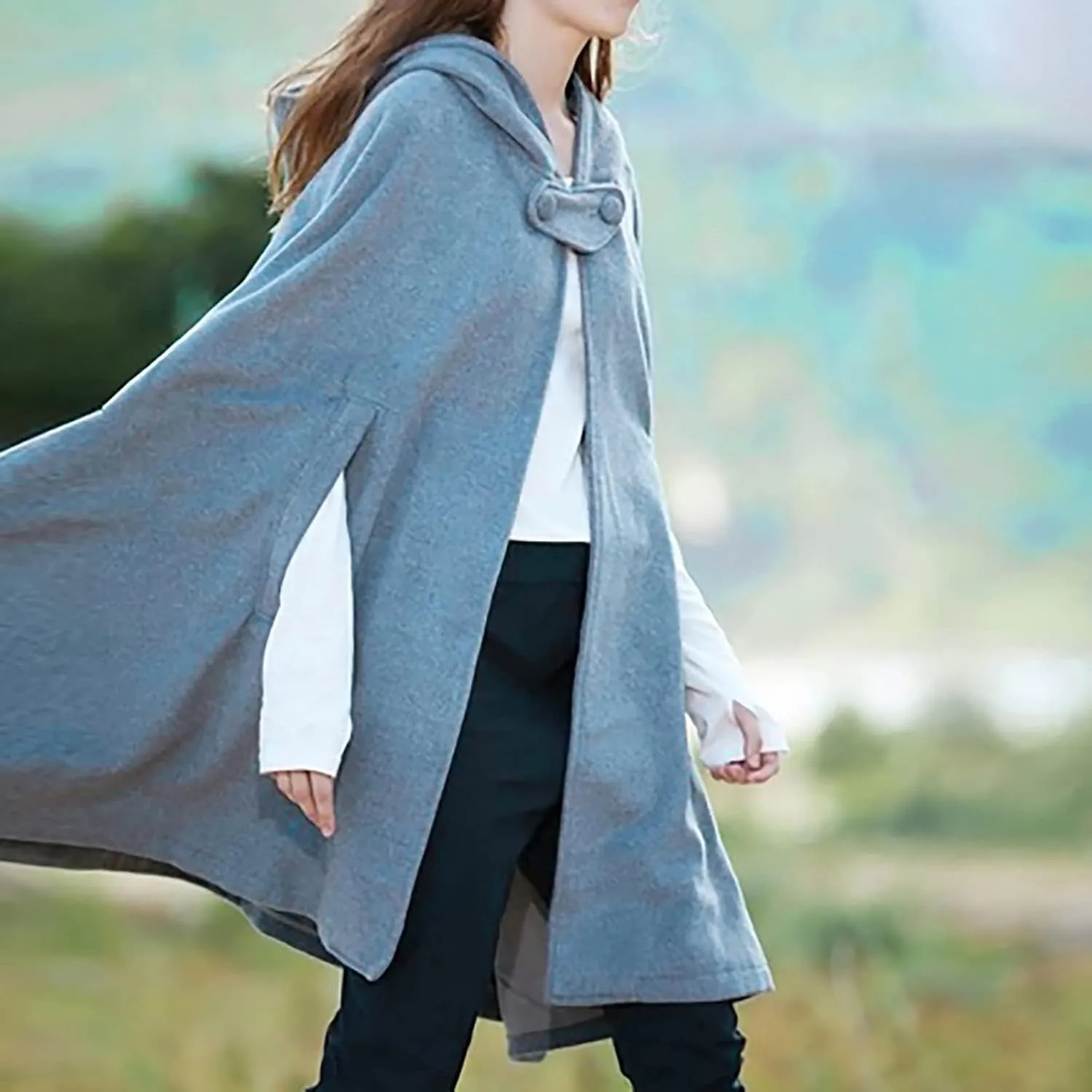 tuduoms Women's Vintage Trench Cape Wool Blend Hooded Coat Poncho Halloween Witch Cosplay Costumes Hooded Cape Short Cloak
