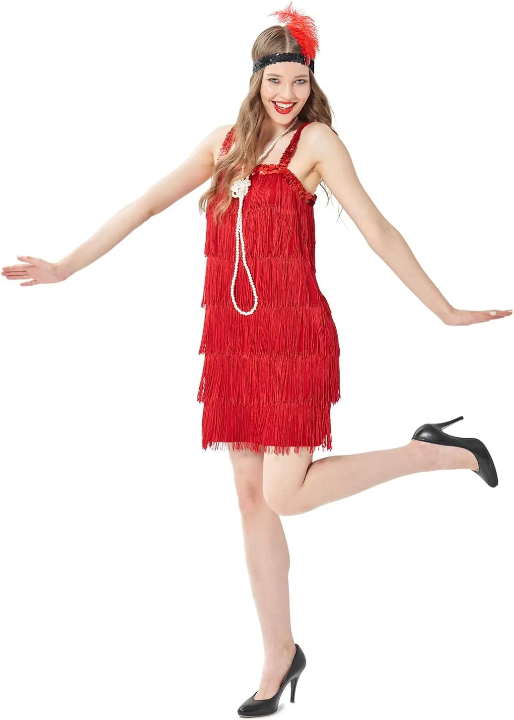 Wizland 1920s Tassel Flapper Dress Cocktail Party Roaring 20s Great Gatsby Ballroom Dress With A Headband,A Necklace
