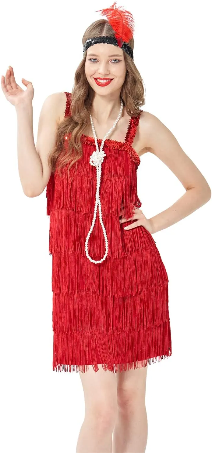 Wizland 1920s Tassel Flapper Dress Cocktail Party Roaring 20s Great Gatsby Ballroom Dress With A Headband,A Necklace