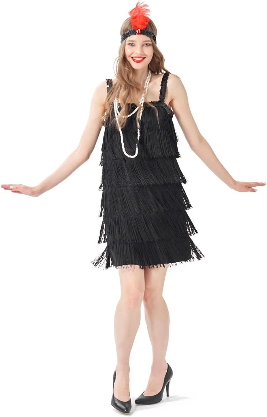 Wizland 1920s Tassel Flapper Dress Cocktail Party Roaring 20s Great Gatsby Ballroom Dress With A Headband,A Necklace