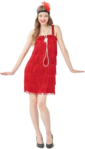 Wizland 1920s Tassel Flapper Dress Cocktail Party Roaring 20s Great Gatsby Ballroom Dress With A Headband,A Necklace