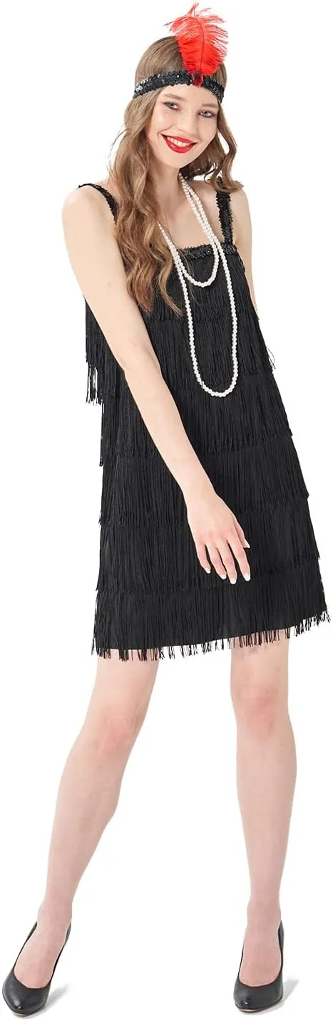 Wizland 1920s Tassel Flapper Dress Cocktail Party Roaring 20s Great Gatsby Ballroom Dress With A Headband,A Necklace