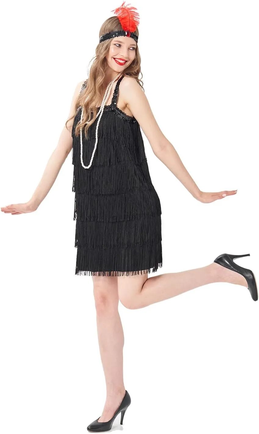 Wizland 1920s Tassel Flapper Dress Cocktail Party Roaring 20s Great Gatsby Ballroom Dress With A Headband,A Necklace