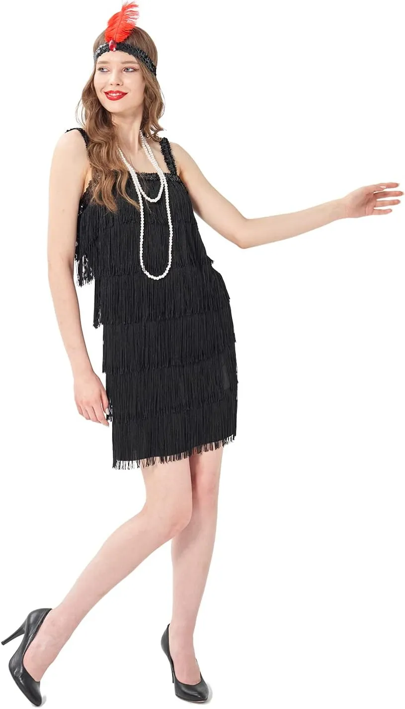 Wizland 1920s Tassel Flapper Dress Cocktail Party Roaring 20s Great Gatsby Ballroom Dress With A Headband,A Necklace