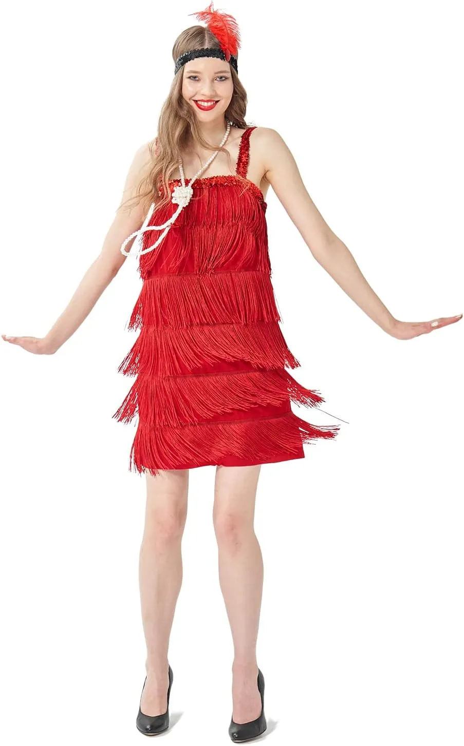 Wizland 1920s Tassel Flapper Dress Cocktail Party Roaring 20s Great Gatsby Ballroom Dress With A Headband,A Necklace