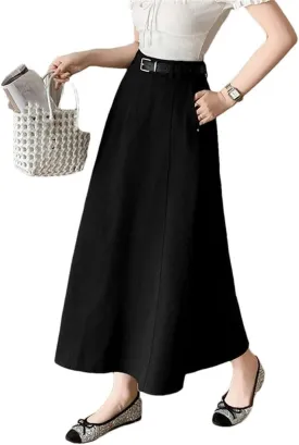 Women High Waist Denim A-Line Midi Summer Elegant Solid Pleated Umbrella Skirts