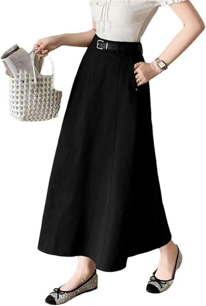 Women High Waist Denim A-Line Midi Summer Elegant Solid Pleated Umbrella Skirts