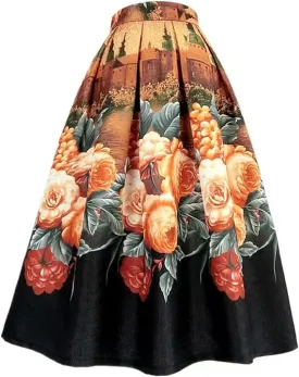 Women Spring Vintage Fantasy Oil Painting Print High Waist Pleated Midi Skirt Umbrella Skirt