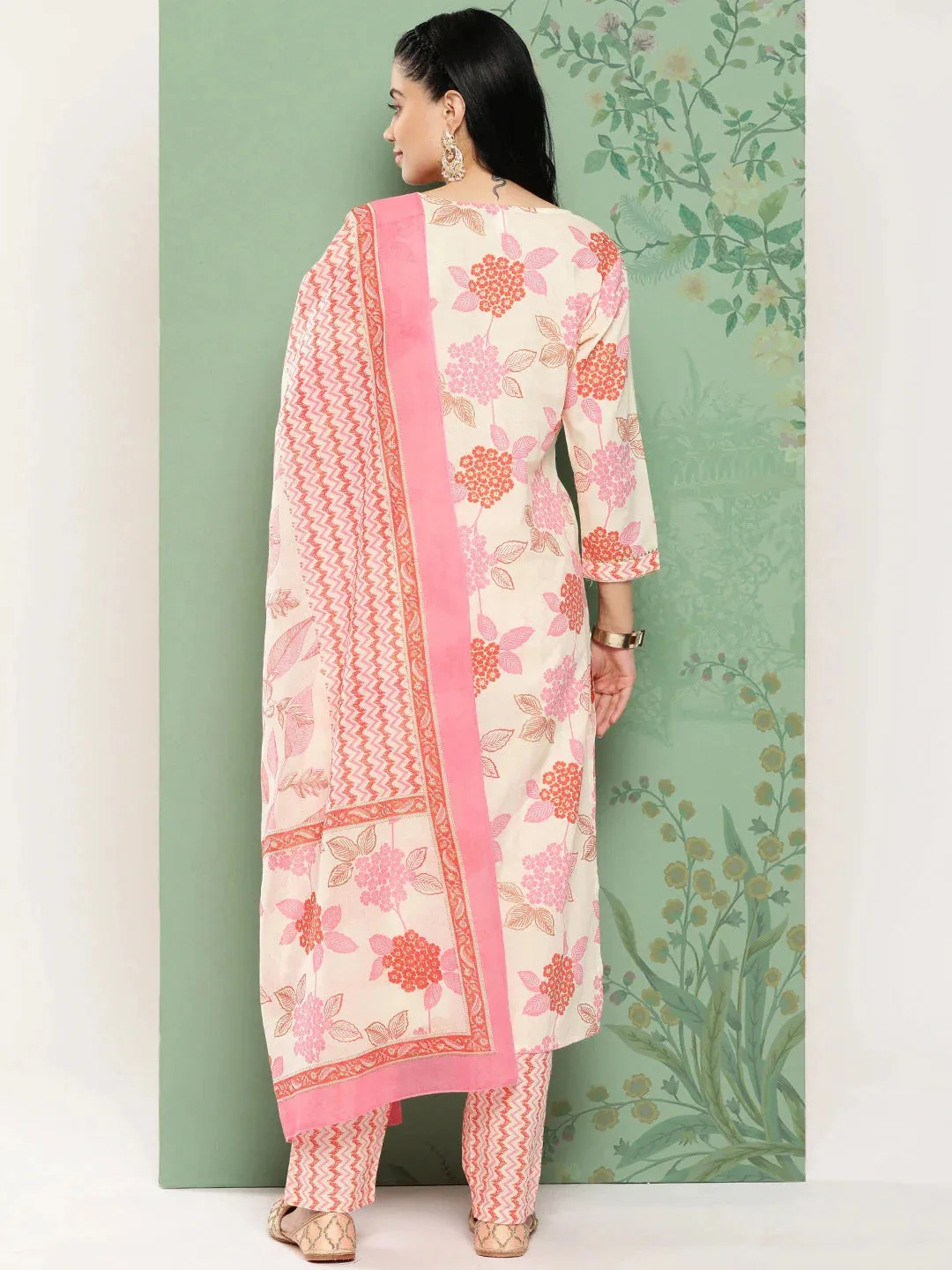 Women White Floral Printed Regular Pure Cotton Kurta With Trousers & Dupatta