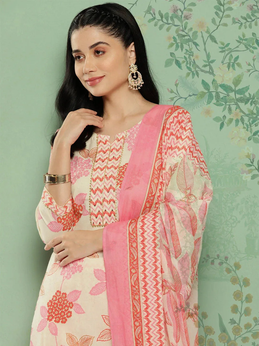Women White Floral Printed Regular Pure Cotton Kurta With Trousers & Dupatta