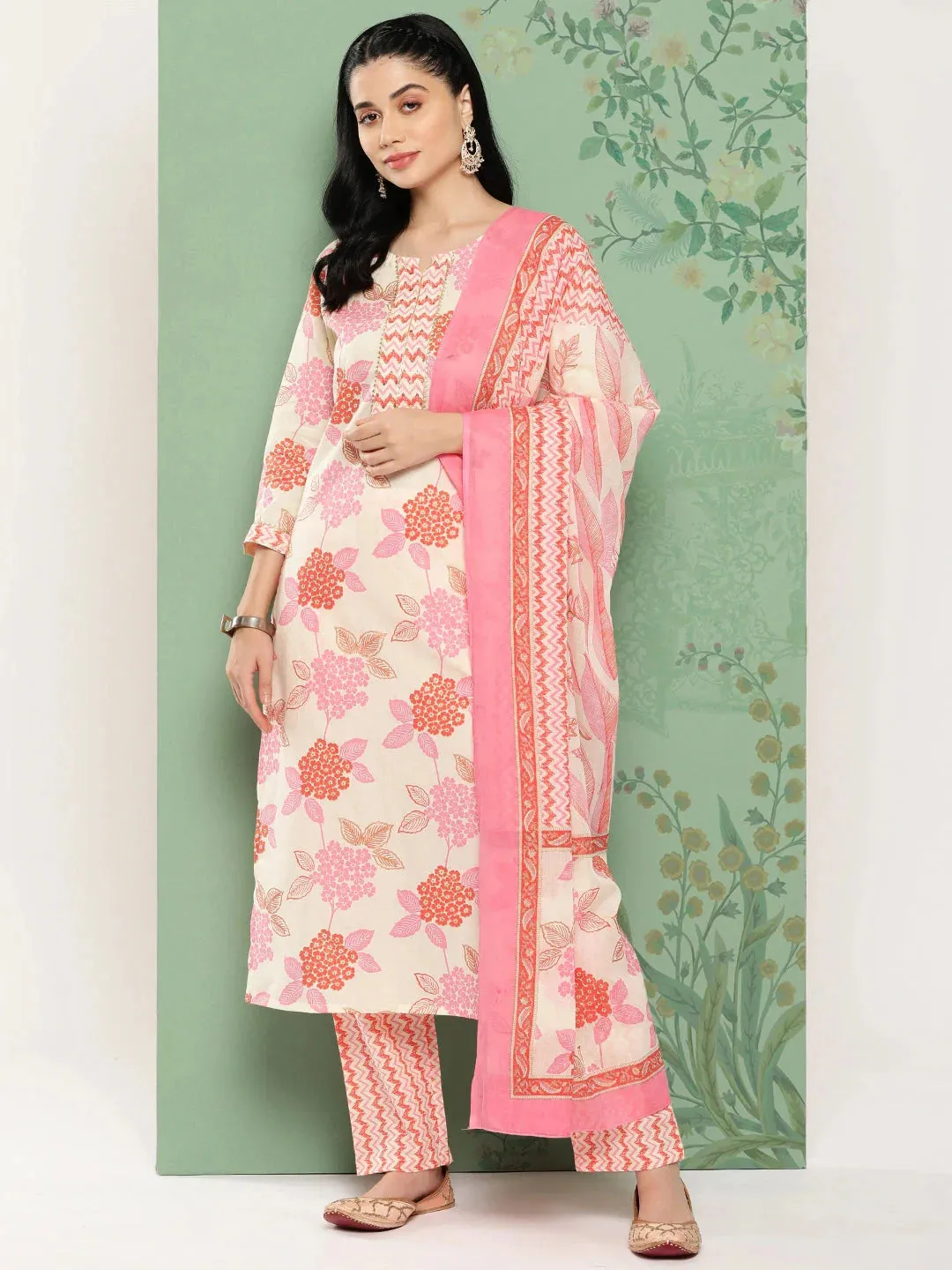 Women White Floral Printed Regular Pure Cotton Kurta With Trousers & Dupatta