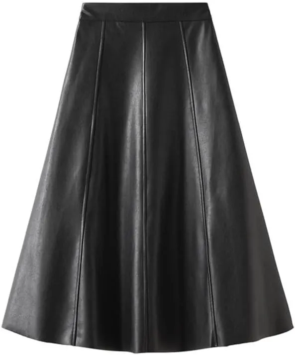 Women's Faux Leather Skirt Vintage High Wiast A Line Bodycon Midi PU Leather Skirt