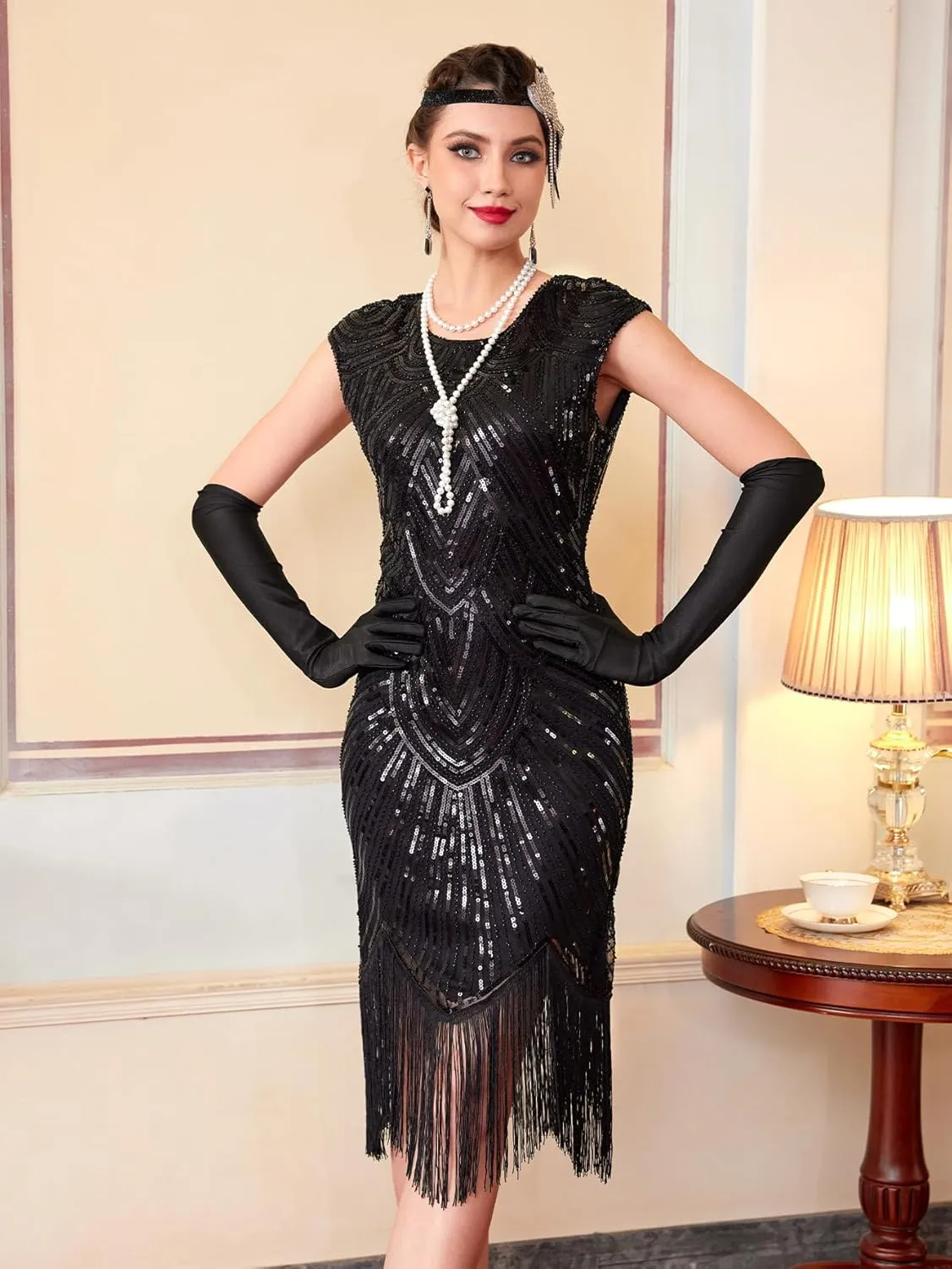 Women's Flapper Dresses 1920s Dresses for Women Great Gatsby Sequin Fringed Roaring 20s with 20s Accessories Set