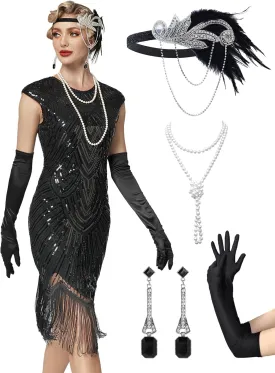 Women's Flapper Dresses 1920s Dresses for Women Great Gatsby Sequin Fringed Roaring 20s with 20s Accessories Set