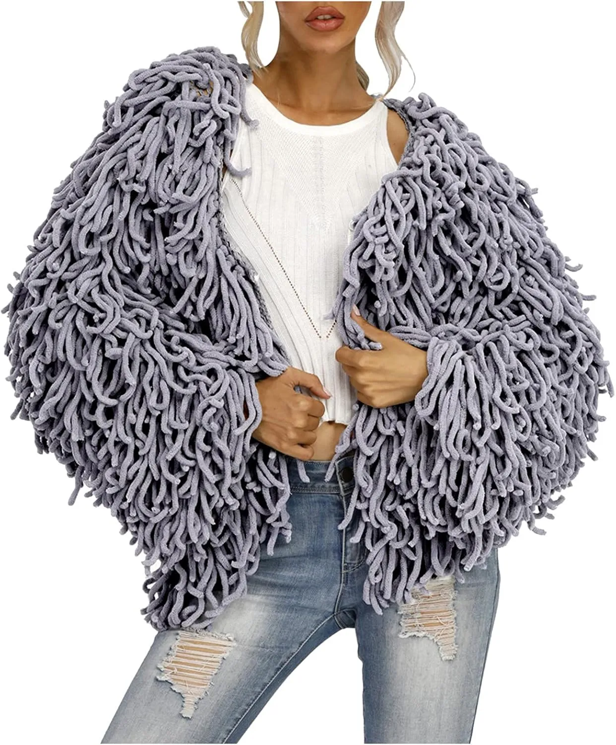 Womens Fringed Sweater Jacket Cropped Fringe Faux Suede Jackets Woven Hollow Solid Color Cardigan Fashion Casual Tops