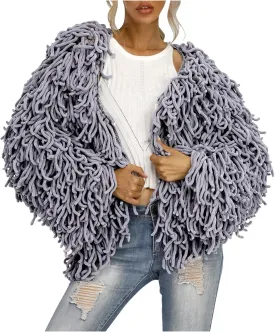 Womens Fringed Sweater Jacket Cropped Fringe Faux Suede Jackets Woven Hollow Solid Color Cardigan Fashion Casual Tops
