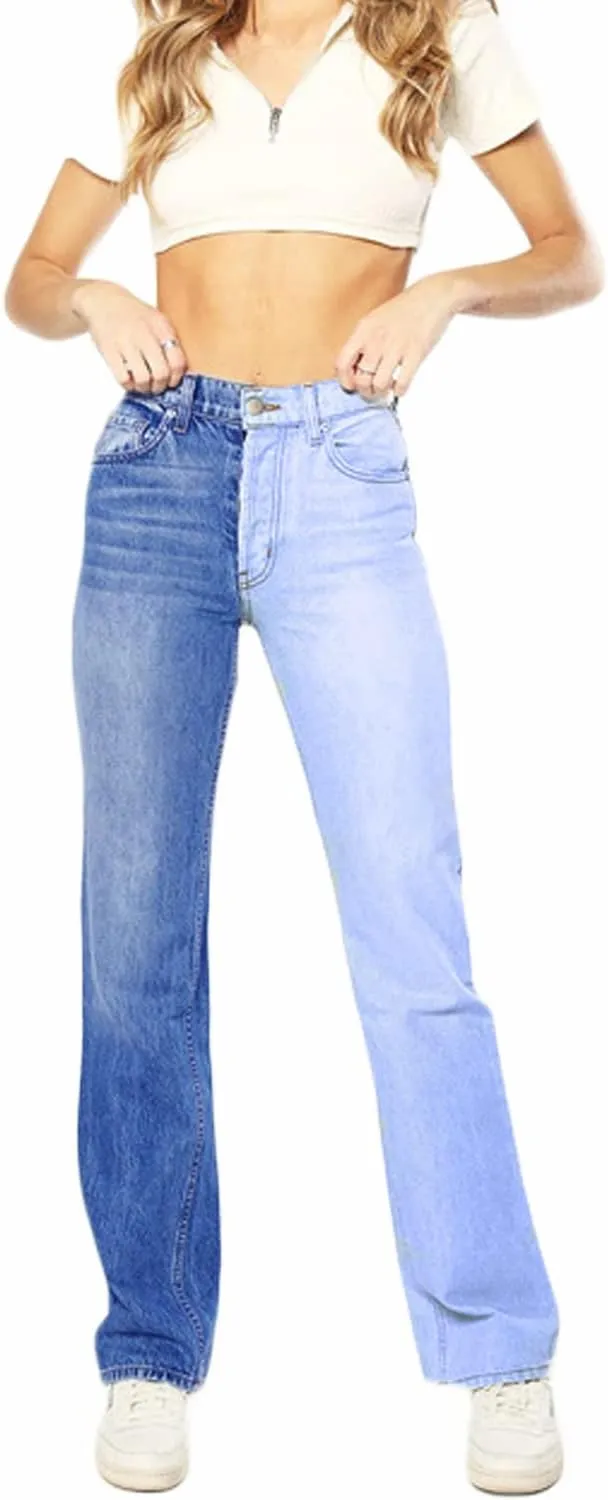 Women's High Waist Two Tone Color Block Jeans Straight Leg Stretchy Denim Pants Fashion Patchwork Jeans
