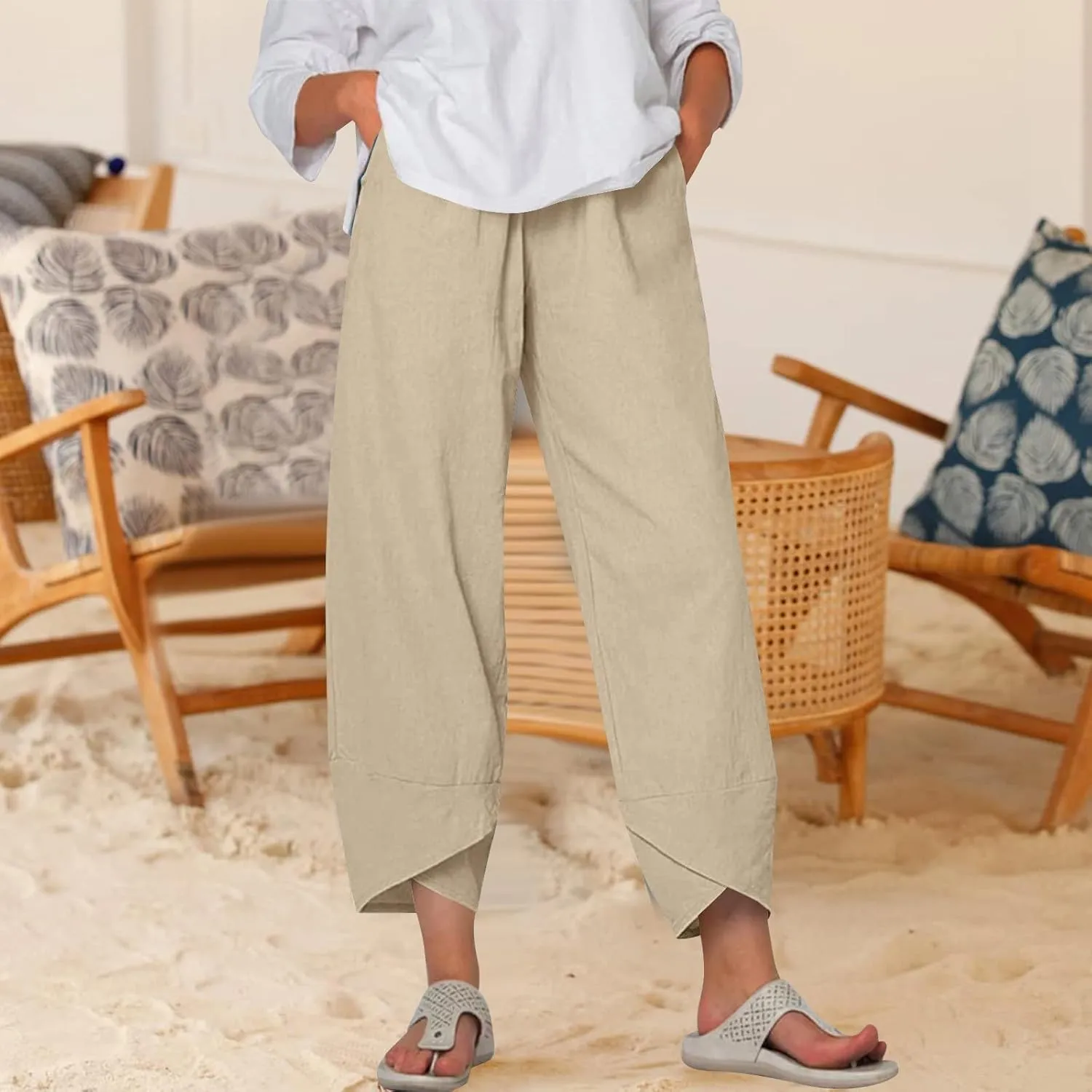 Womens Linen Pants Tulip Cropped Wide Leg Pants Lightweight Comfy Casual Pants Summer Loose Fit Trousers for Hiking