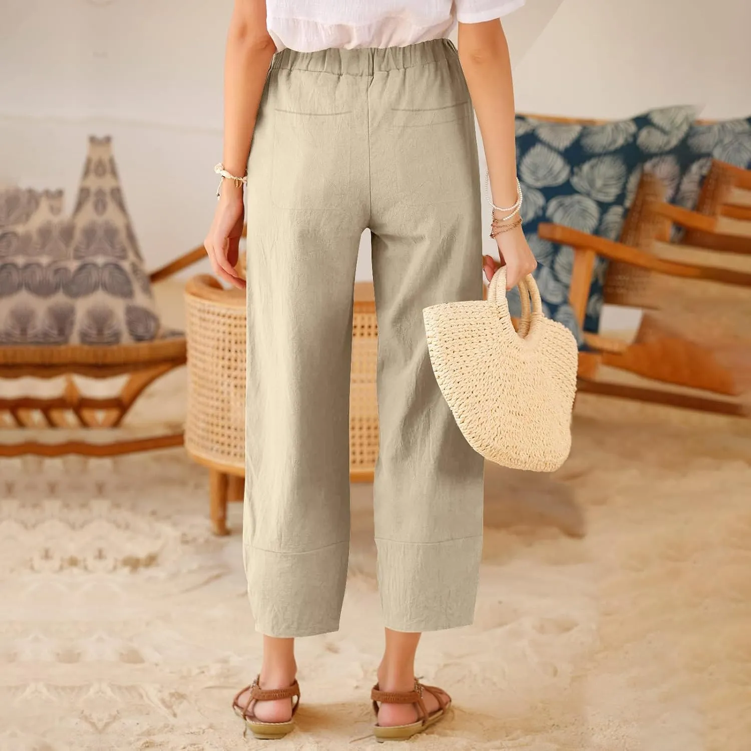 Womens Linen Pants Tulip Cropped Wide Leg Pants Lightweight Comfy Casual Pants Summer Loose Fit Trousers for Hiking
