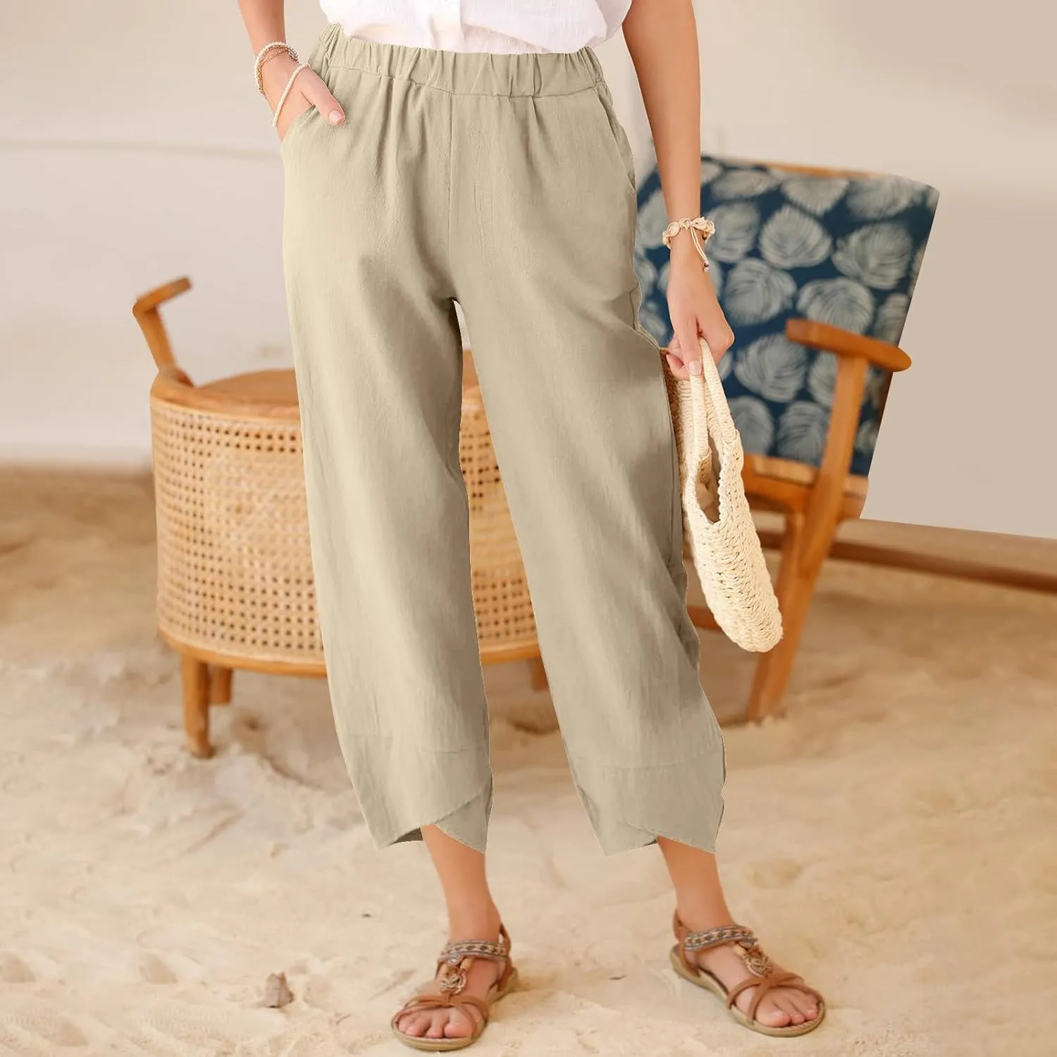 Womens Linen Pants Tulip Cropped Wide Leg Pants Lightweight Comfy Casual Pants Summer Loose Fit Trousers for Hiking