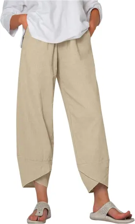 Womens Linen Pants Tulip Cropped Wide Leg Pants Lightweight Comfy Casual Pants Summer Loose Fit Trousers for Hiking