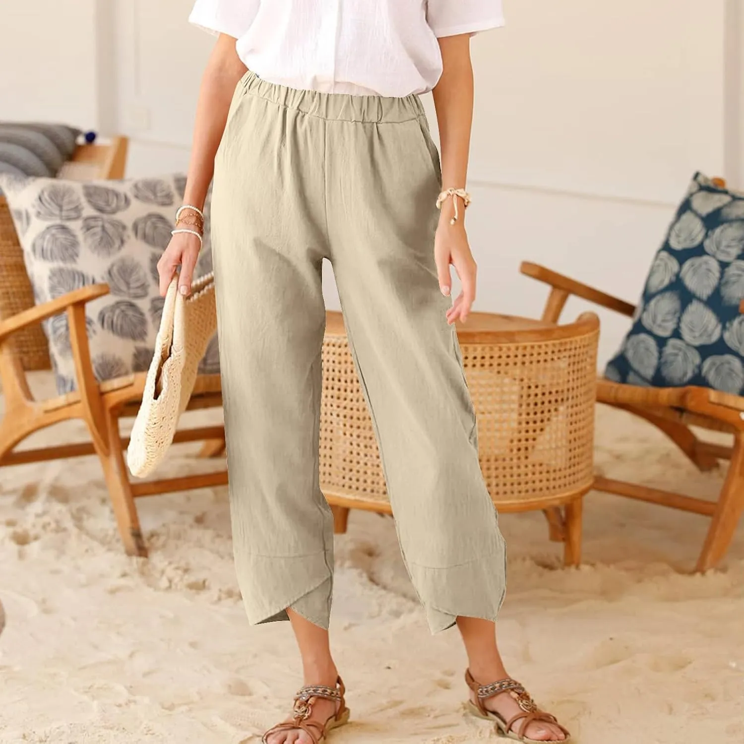 Womens Linen Pants Tulip Cropped Wide Leg Pants Lightweight Comfy Casual Pants Summer Loose Fit Trousers for Hiking