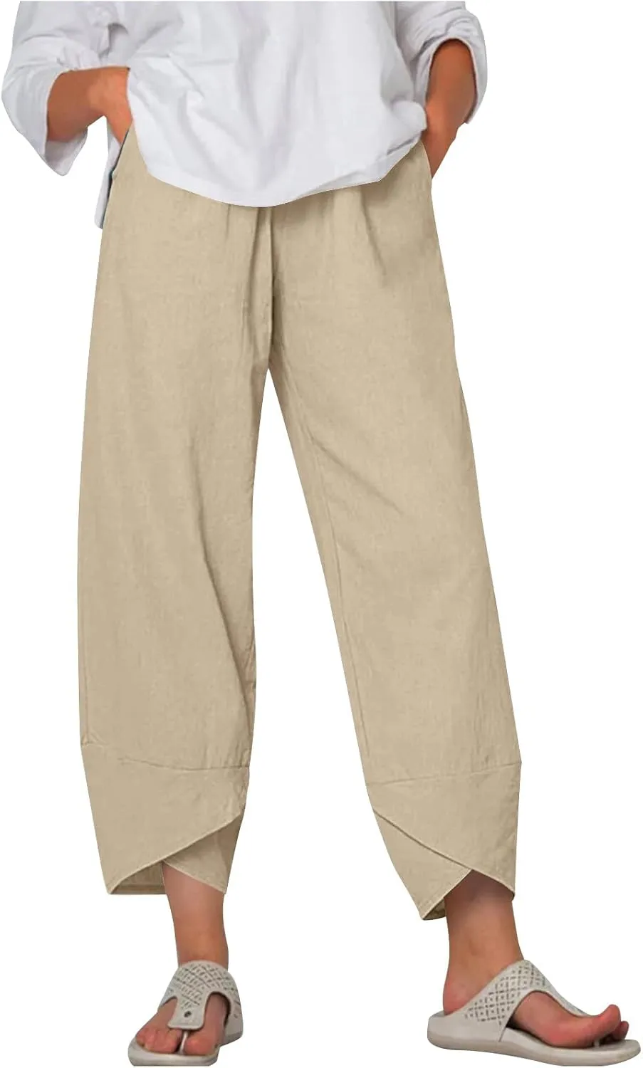Womens Linen Pants Tulip Cropped Wide Leg Pants Lightweight Comfy Casual Pants Summer Loose Fit Trousers for Hiking