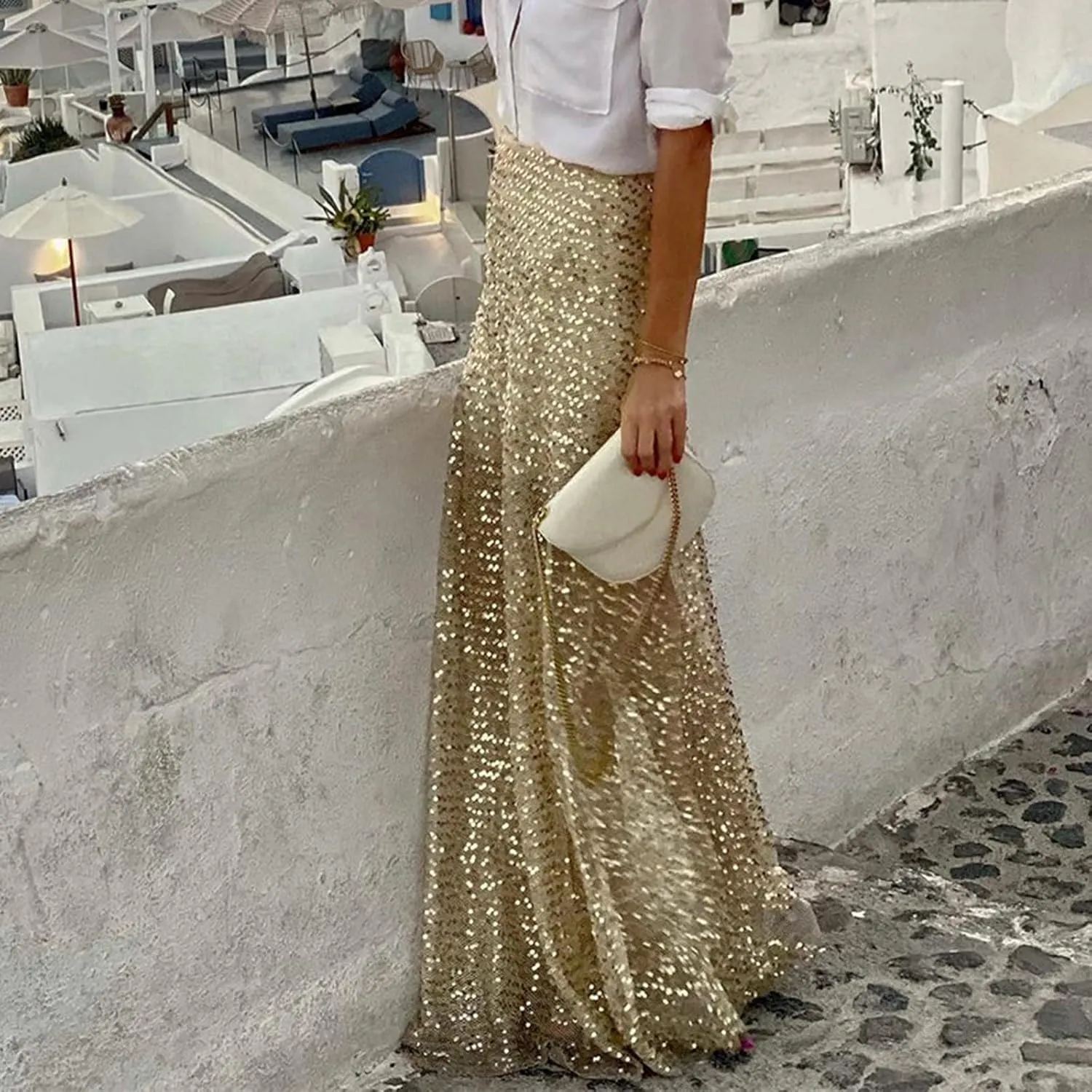 Women's Shiny Sparkly Sequin Maxi Skirt Sexy Glitter High Waist Stretchy Long Skirts Night Out Bodycon Party Clubwear