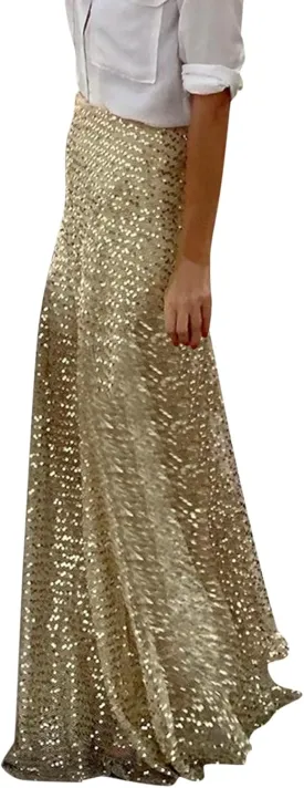 Women's Shiny Sparkly Sequin Maxi Skirt Sexy Glitter High Waist Stretchy Long Skirts Night Out Bodycon Party Clubwear