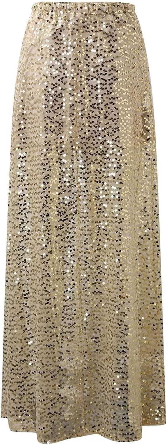Women's Shiny Sparkly Sequin Maxi Skirt Sexy Glitter High Waist Stretchy Long Skirts Night Out Bodycon Party Clubwear