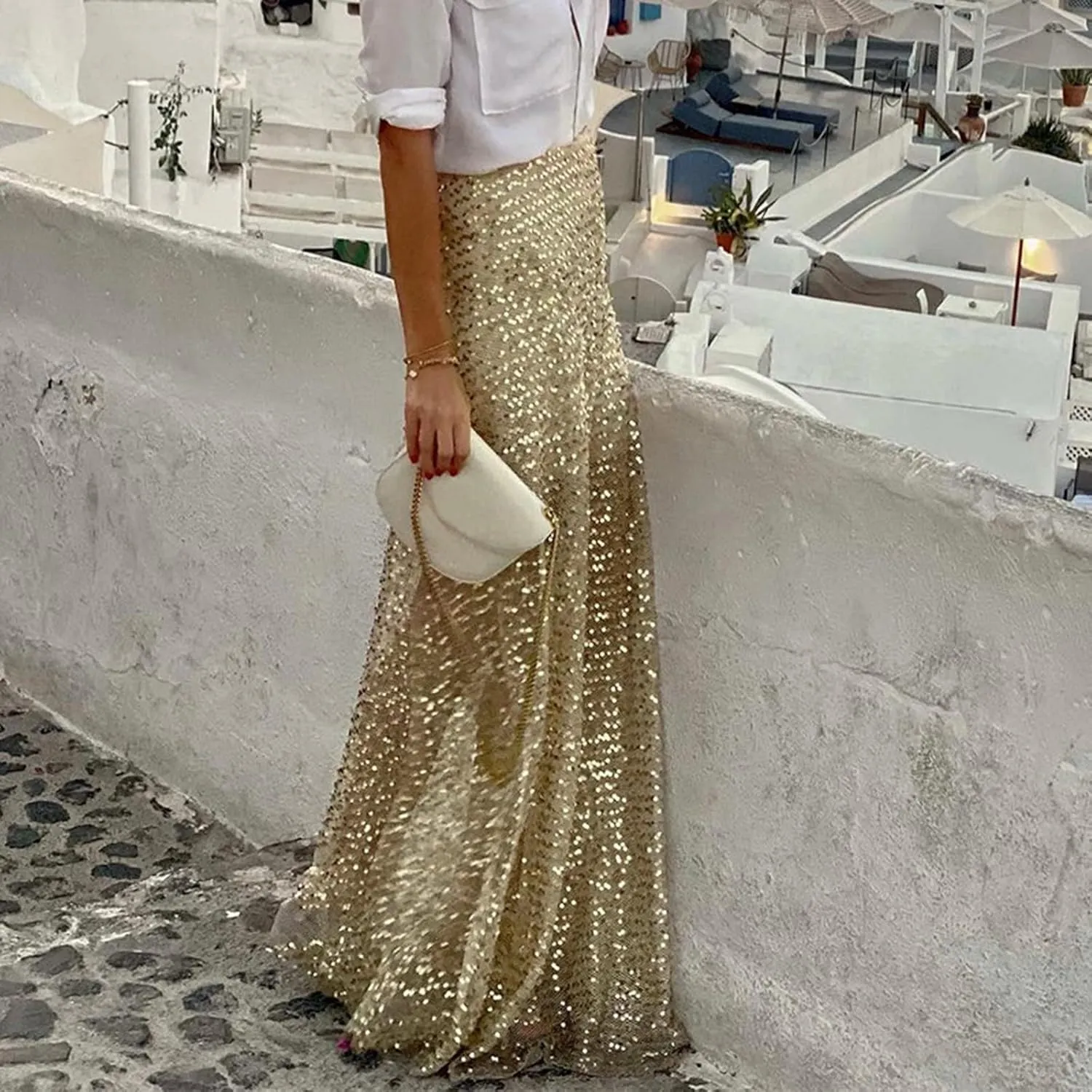 Women's Shiny Sparkly Sequin Maxi Skirt Sexy Glitter High Waist Stretchy Long Skirts Night Out Bodycon Party Clubwear