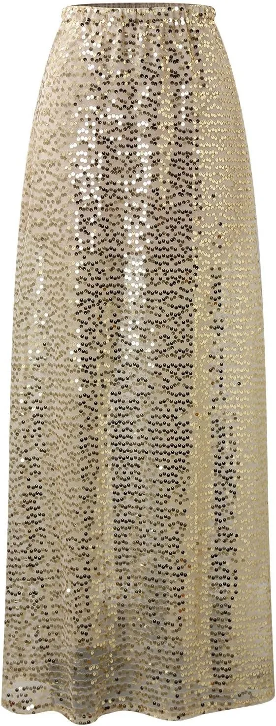 Women's Shiny Sparkly Sequin Maxi Skirt Sexy Glitter High Waist Stretchy Long Skirts Night Out Bodycon Party Clubwear
