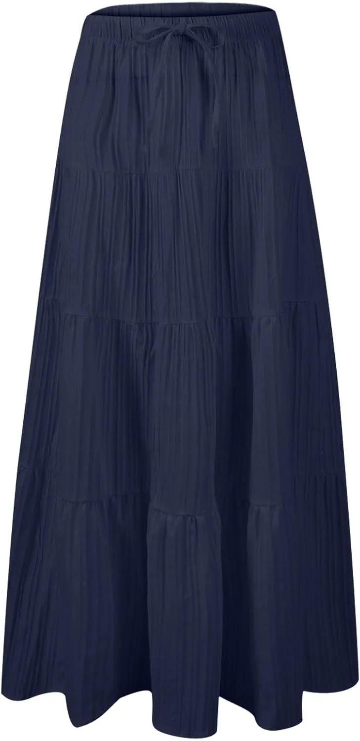 Women's Summer Boho Maxi Skirt Tiered Ruffle A-Line 2025 Fashion Elastic High Waist Skirts Pleated Swing Beachwear