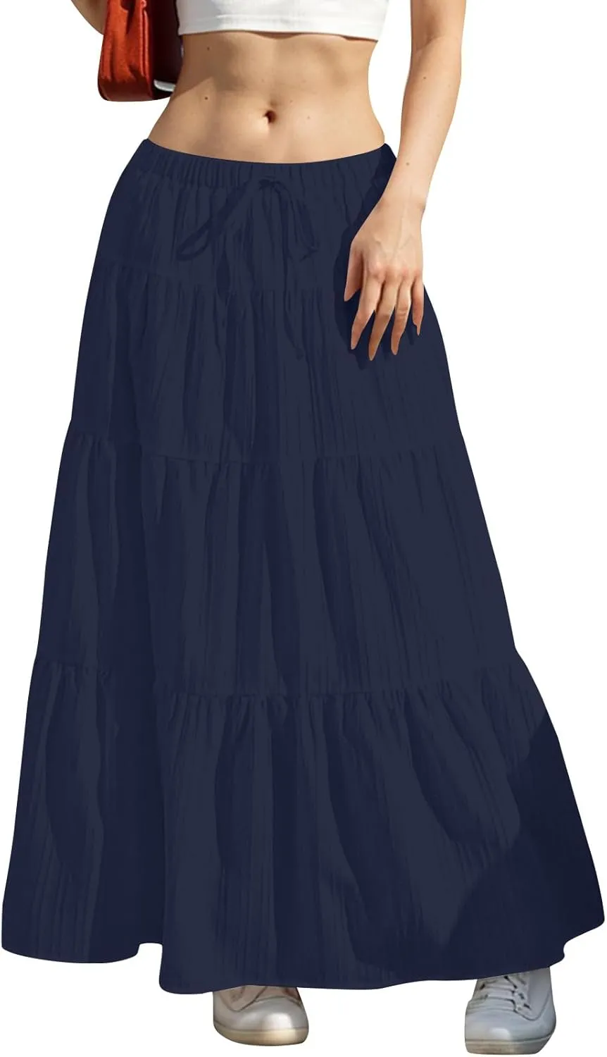 Women's Summer Boho Maxi Skirt Tiered Ruffle A-Line 2025 Fashion Elastic High Waist Skirts Pleated Swing Beachwear