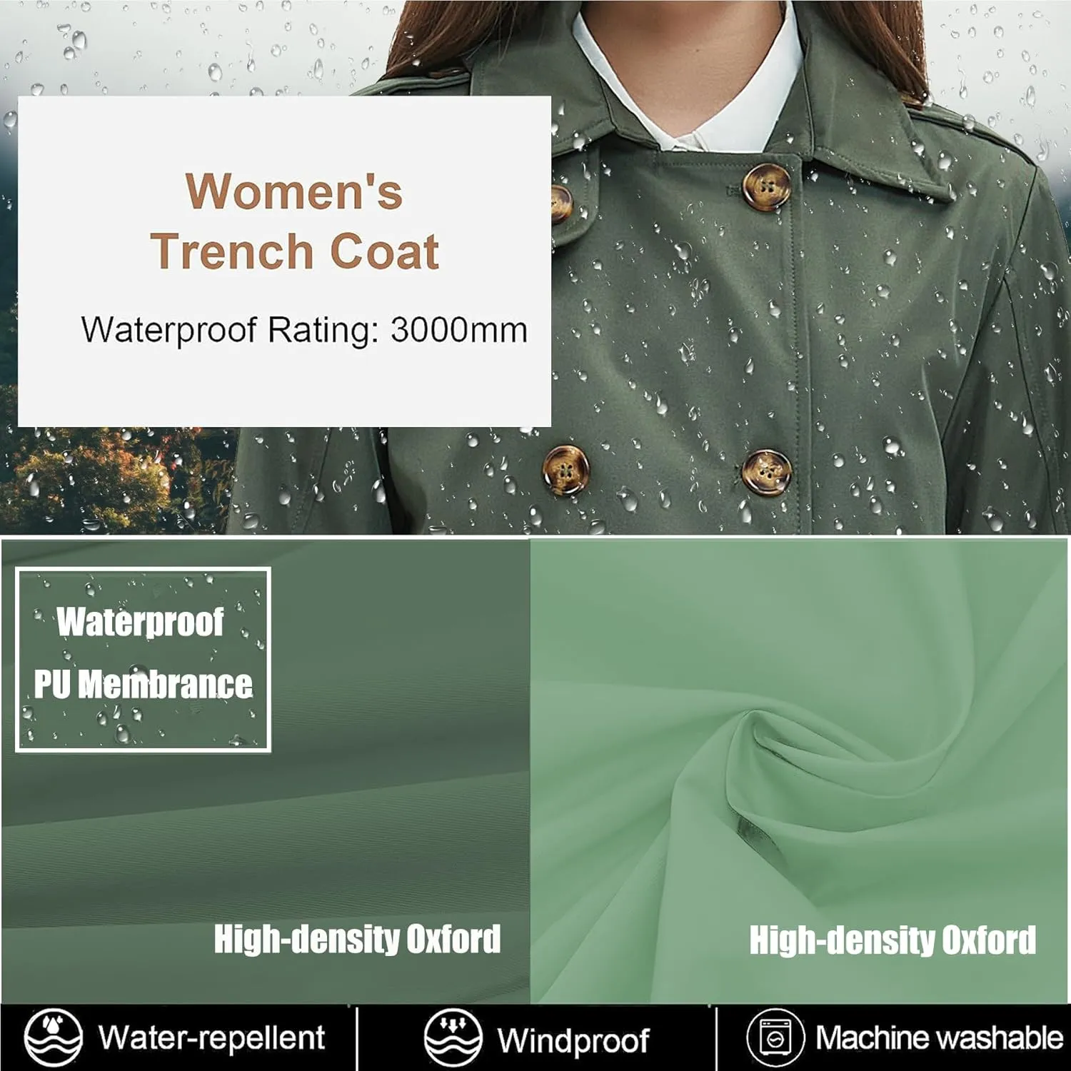 Womens Trench Coat Double-Breasted Long windbreak Belted Slim Outerwear Coat with Detachable Hood S-2XL