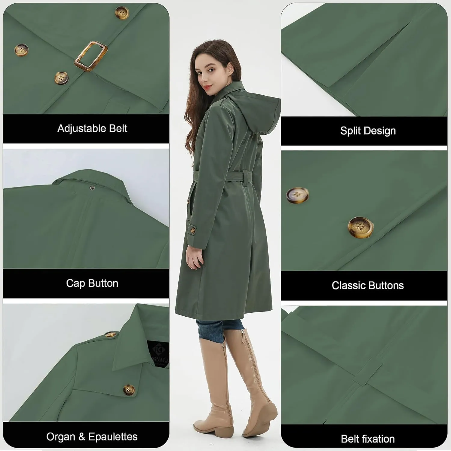 Womens Trench Coat Double-Breasted Long windbreak Belted Slim Outerwear Coat with Detachable Hood S-2XL